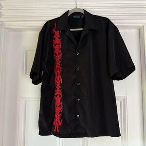 MT:2 Men’s Black and Red Embroidered Tribal Shirt Y2K Retro Rockabilly Medium